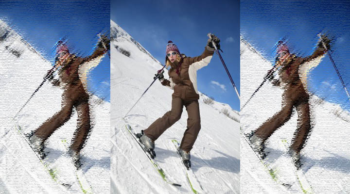 A woman skiing out of control down a steep slope.