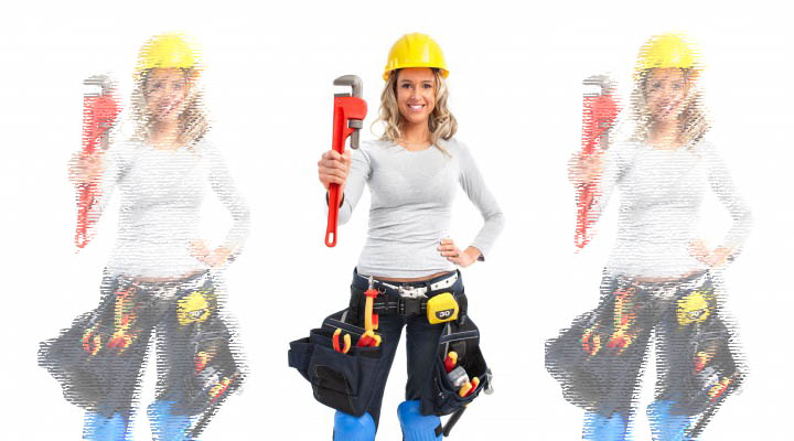 A woman stands with a tool belt and tools symbolizing trying to fix her boyfriend.