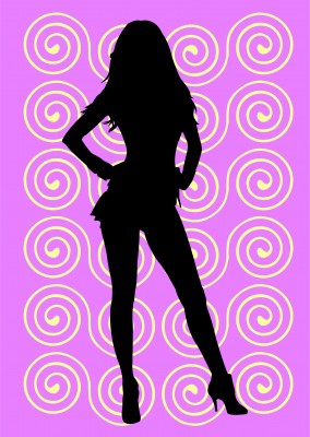 Release your inner diva. A silhouette of a beautiful, sexy woman in high heels and a skirt stands against a lavender background with white swirls. She's confident, attractive and sexy.