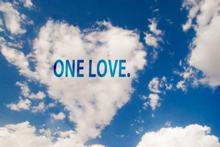 Heart shaped cloud image with the words "one love" written in them.