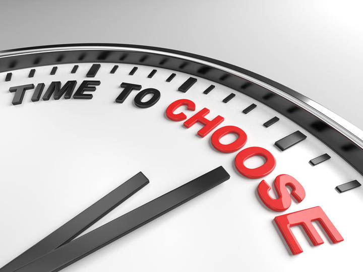 A clock face with the words time to choose written on the face.