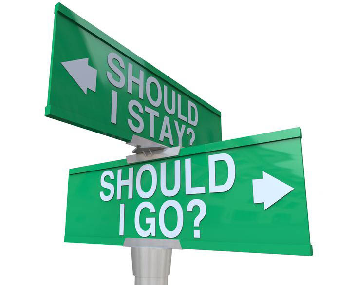 A street sign showing should I stay on one sign and should i go on the other.