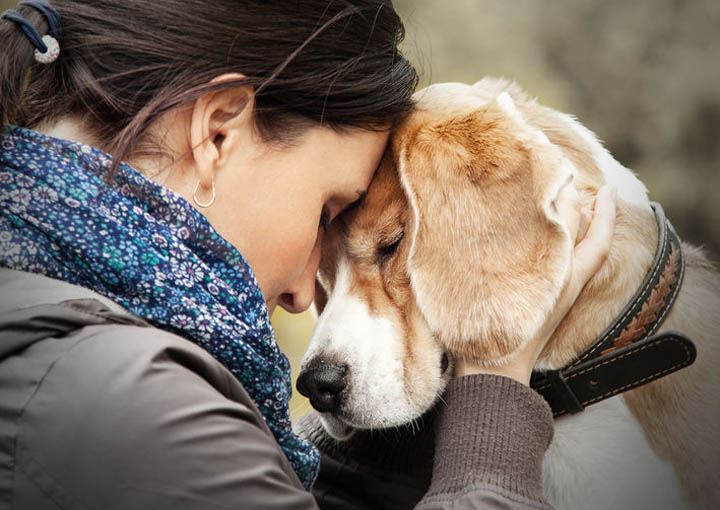 A woman holds her dogs head close, showing affection.