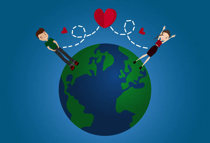 Illustration of the earth depicting a long distance relationshp with two lovers across the globe.