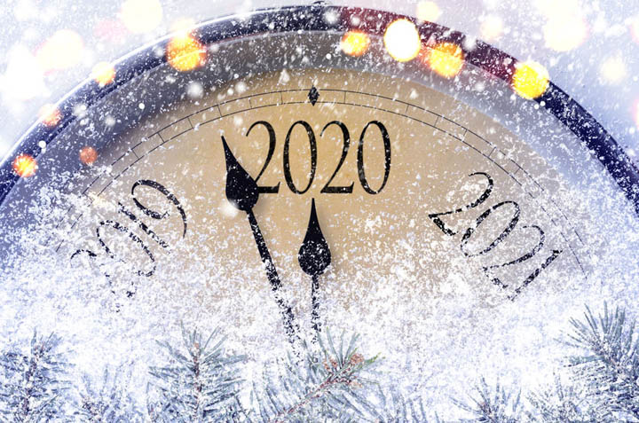 A snowflake covered clock counting down to 2020